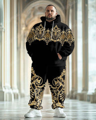 Men's Classical Luxury Pattern Black Big and Tall Hoodie Set