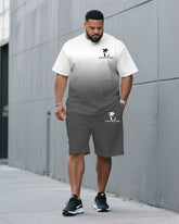 Men's Plus Size Grey & White Gradient Chest Vacation Small Label Coconut Tree Printed Round Neck Short Sleeve T-Shirt Suit Pants