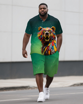 Big Man's Thriller Bear Cartoon Printed Casual Summer Short-Sleeve Polo Shirt & Shorts Set