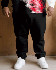 Big & Tall Men Autumn And Winter Casual Black Red Feather Print Hoodie Suit