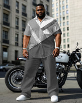 Men's Plus Size Grey & White Personality Stitching Daily Casual Short-sleeved Shirt Trousers Suit