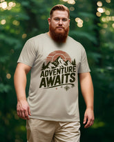 Men's Plus Size Outdoor Gray Adventure Awaits Alphabet Mountain Print Round Neck Short Sleeve T-Shirt