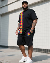 Men's Plus Size Black Creative Stripe Print T-Shirt Shorts Suit