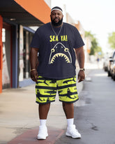 Men's Plus Size Street Sea Ya! Shark Color Block Graffiti Short Sleeve Shorts Set