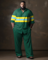 Men's Big & Tall Casual Gentleman Green and Yellow Colorblock Long Sleeve Lapel Shirt Set