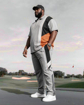 Men's Plus Size Daily Casual Simple Slant Striped Gray Short Sleeve POLO Trousers Suit