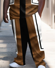 Big Men's Simple Stripe Colorblock Polo Shirt Trousers Set