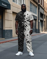Big Guy's Splicing Black & White Ink Spash Printed Short Sleeve T-shirt Pants Set