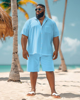 Men's Big and Tall Simple Solid Color Blue Shirt Shorts Set