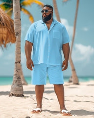 Men's Big and Tall Simple Solid Color Blue Shirt Shorts Set