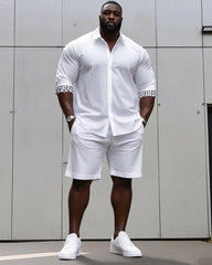 Men's plus-size casual daily long-sleeved shirt and shorts suit