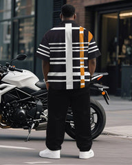 Men's Plus Size Simple Black And White Orange Color Matching Striped Printed Short Sleeve Shirt Trousers Suit