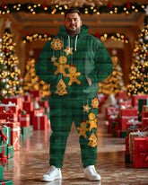 Men's Christmas Green Stripe Gingerbread Man Print Big & Tall Hoodie Set