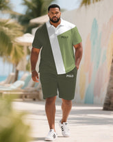 Big & Tall Men's Summer Green & White Striped Polo Short Sleeve Shirt Shorts Suit