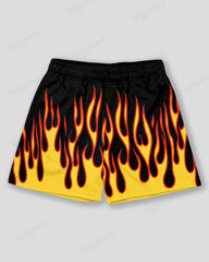 Plus Size Men's Yellow Flame Print Sports Mesh Quick Dry Shorts