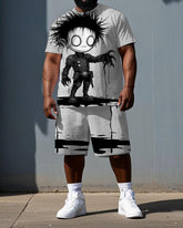 Big & Tall Men's Fashion Mutant Boy Print Casual Breathable Short-Sleeve T-shirt and Shorts Set