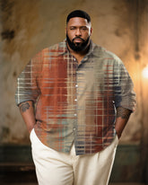 Big & Tall Men's Vintage Ethnic Color Plaid Art Print Long Sleeve Bamboo Hemp Texture Shirt