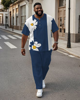 Men's Plus Size Blue And White Flower Colorblock Stripe Geometric Print Henry Collar T-Shirt Trousers Suit