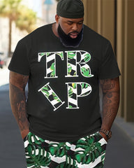 Men's Plus Size Printed Short Sleeve T-shirt and Pants 2 Piece Set