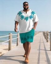 Men's Plus Size Hawaiian Coconut Leaf Necklace Printed Henry Collar Short Sleeve T-Shirt Shorts Suit