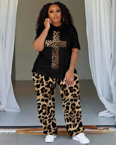 Women's Big & Tall Cross Leopard Print T-Shirt and Trousers Set