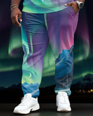 Men's Plus Size Aurora Borealis Long Sleeve Polo Shirt and Pants Set