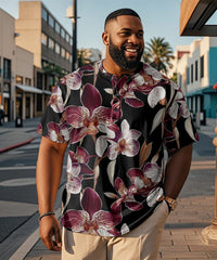Men's Plus Size Hawaiian Floral Print Henry Collar Button Short Sleeve Tee
