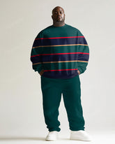Men's Simple Green Stripe Print Plus Size Round Neck Sweatshirt Suit