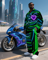 Big Men's Abstract Burst Lightning Heart Printed Long Sleeve Shirt Pants 2-Piece Set