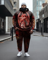 Men's Large Size Retro Element Viking Dragon Print Long-Sleeved Hoodie And Sweatpants Suit