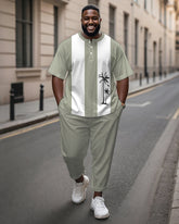 Men's Plus Size Green And White Colorblock Coconut Tree Print Henry Collar T-shirt Trousers Suit