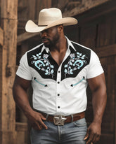 Big & Tall Men's Western-style White Black Floral Texture Short-sleeved Shirt