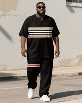 Men's Plus Size Black Khaki Color Block Line Print Henry Collar T-shirt Trousers Suit