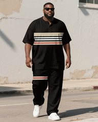 Men's Plus Size Black Khaki Color Block Line Print Henry Collar T-shirt Trousers Suit