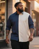 Big & Tall Men's Business Blue And White Colorblock Printed Long Sleeve Shirt