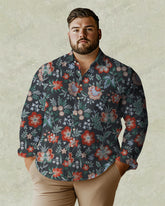 Elegant Gray Garden Long Sleeve Lapel Shirt Men's Plus Size