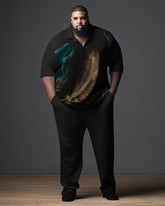 Big Men's Black Ombre Art Plus Size Business Polo Zipper Shirt and Pants Two-piece Set