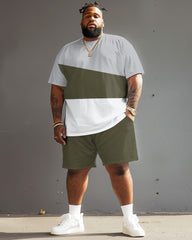 Street Casual Army Green Stripe Colorblock Print Large Men's Set