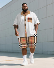 Men's Plus Size Casual Business Khaki Letter Print Shirt Shorts Suit