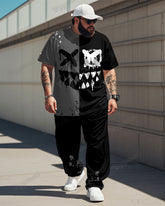 Men's Big & Tall Black Gray Color Block Graffiti Expression Print T-shirt Trousers Set