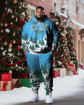 Men's Plus Size Christmas Tree Snow Hoodie Two Piece Set