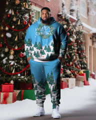 Men's Plus Size Christmas Tree Snow Hoodie Two Piece Set