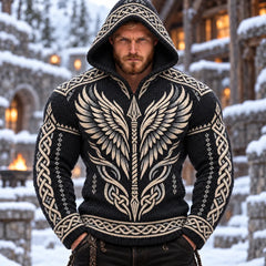 Men's Viking Spear, Wings And Celtic Knot Pattern Hooded Knit Sweater