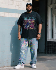 Plus Size Men's Printed T-shirt Splash Ink Pants Denim Suit