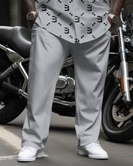 Big & Tall Men's Business Black Gray Gradient B Letter Pattern Printed Long Sleeve Shirt Trousers Suit