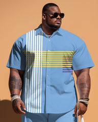 Big Guy's Simple Striped Short Sleeve Shirt And Shorts Set