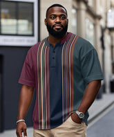 Men's Plus Size Daily Casual Blue Stripe Print Henley Collar Button Short Sleeve T-Shirt