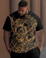 Men's Plus Size Black Dragon Totem Print T-Shirt Trousers Suit