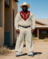 Western Cowboy Style Red Floral Printed Big Men's Long Sleeve Shirt Pants Set