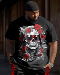 Rose Flower Skull Print T-shirt Trousers Suit Men's Large